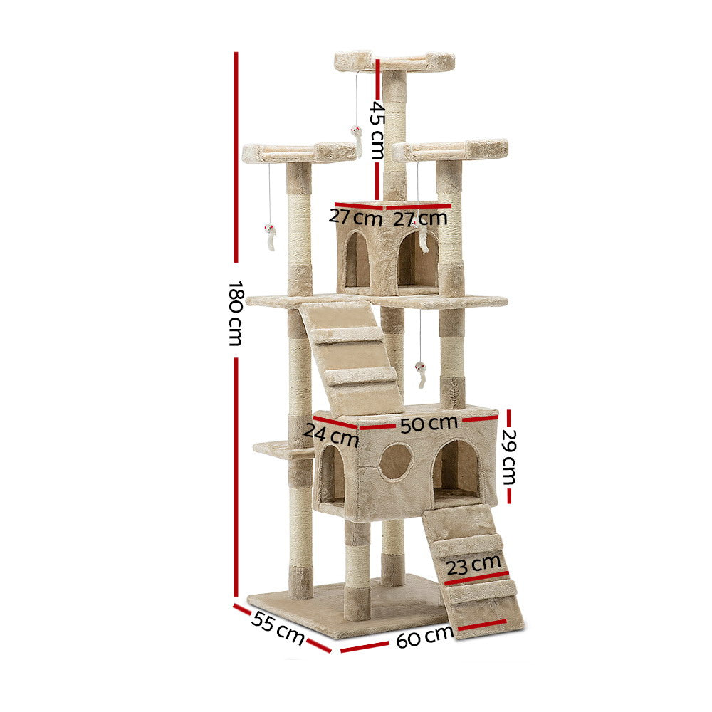 Cat Scratching Posts: i.Pet Cat Tree 180cm Tower Scratching Post Scratcher Wood Condo House Toys Beige