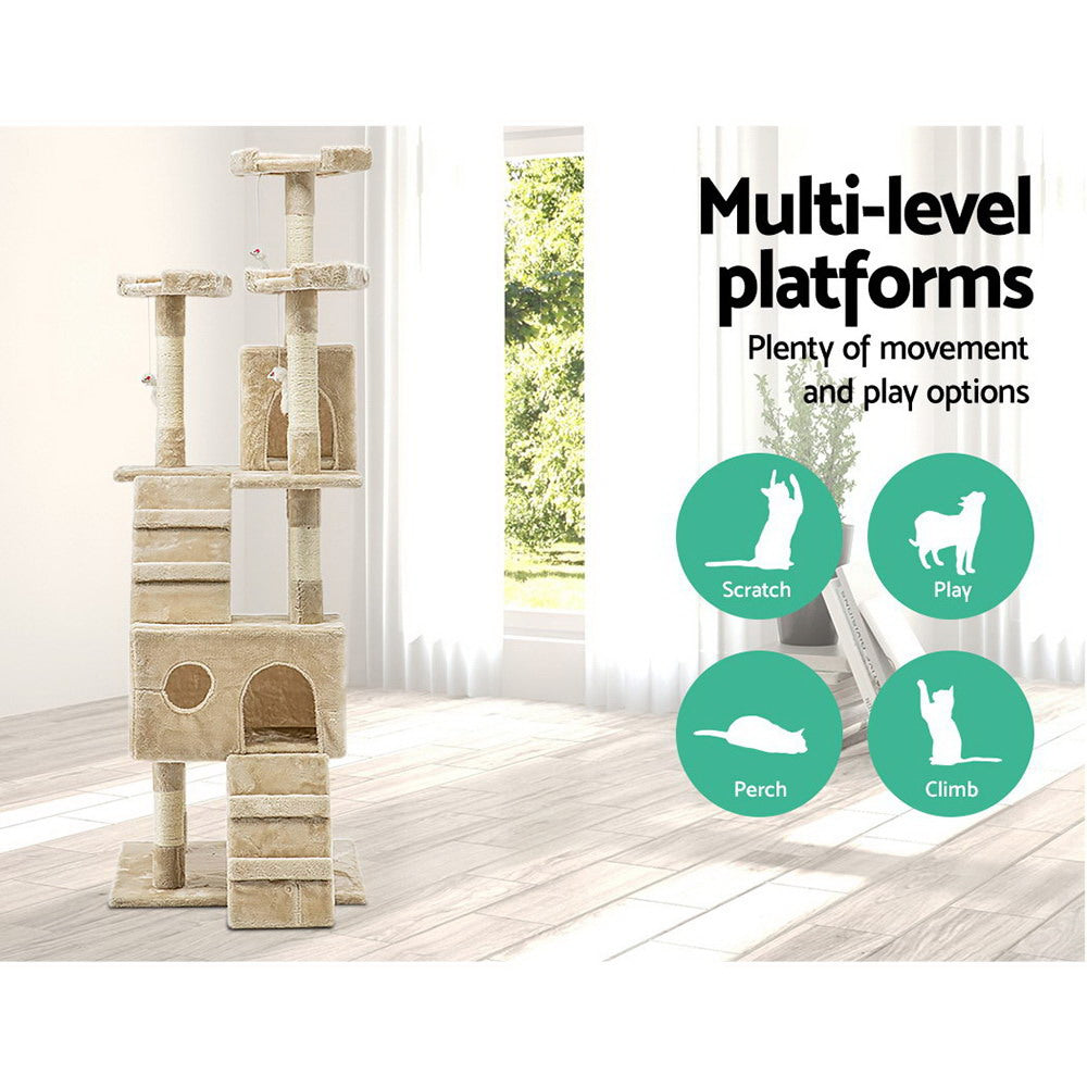 Cat Scratching Posts: i.Pet Cat Tree 180cm Tower Scratching Post Scratcher Wood Condo House Toys Beige