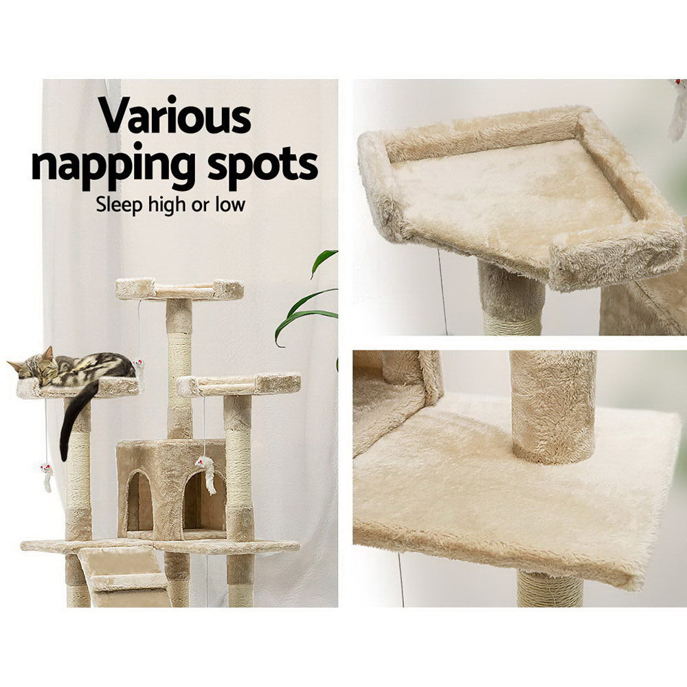 Cat Scratching Posts: i.Pet Cat Tree 180cm Tower Scratching Post Scratcher Wood Condo House Toys Beige