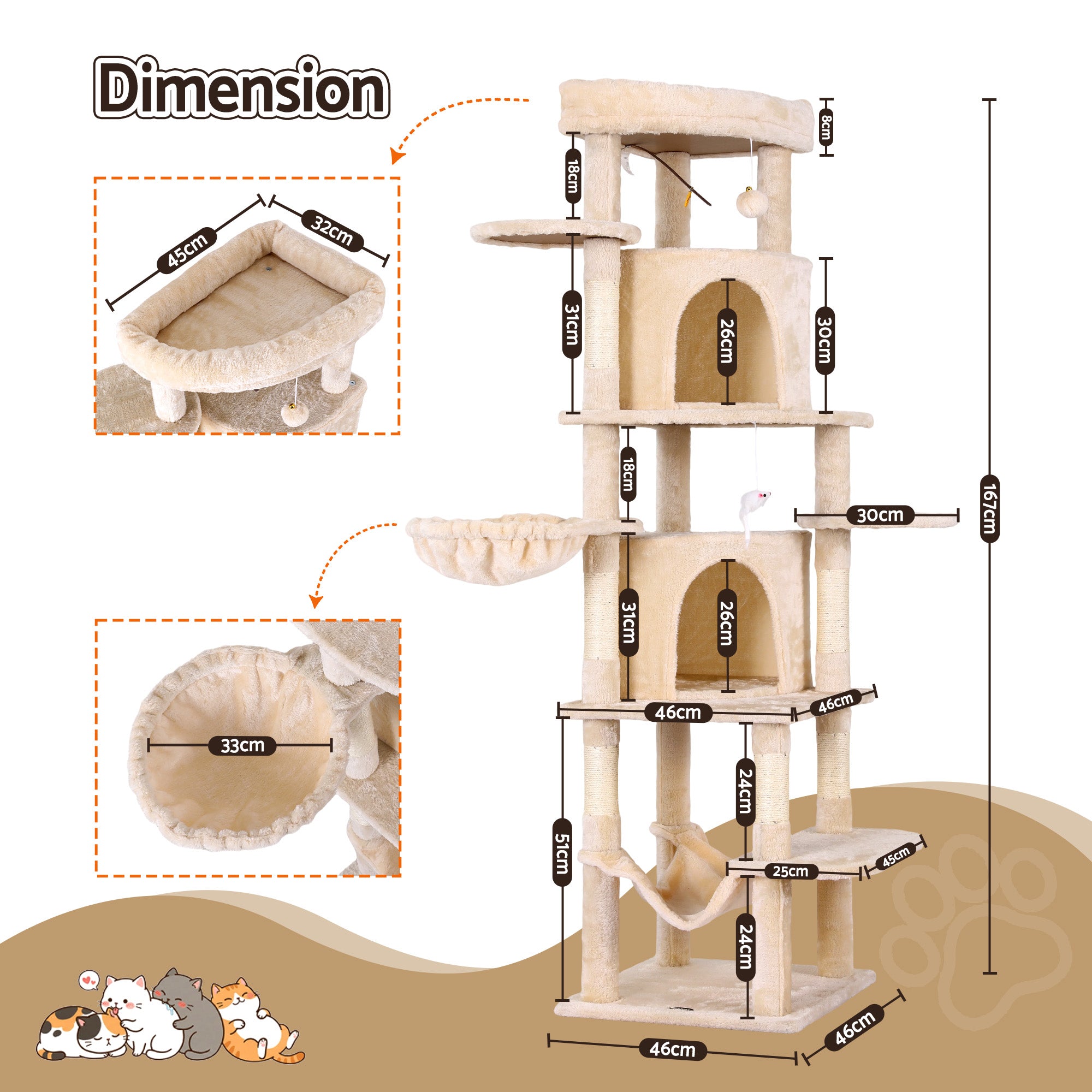 Cat Scratchers: i.Pet Cat Tree Tower 167cm Large Scratching Post Furniture Scratcher House Beige