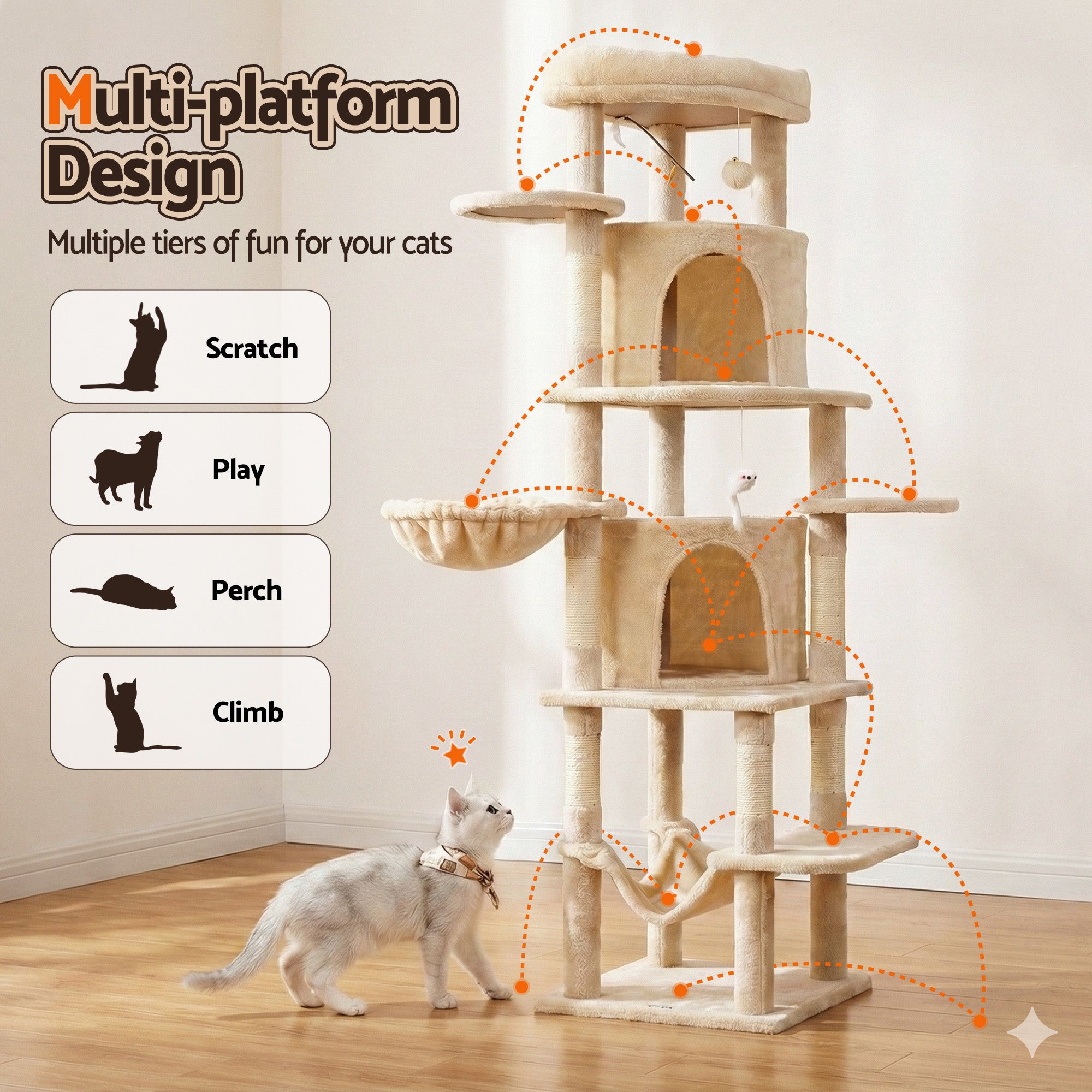 Cat Scratchers: i.Pet Cat Tree Tower 167cm Large Scratching Post Furniture Scratcher House Beige
