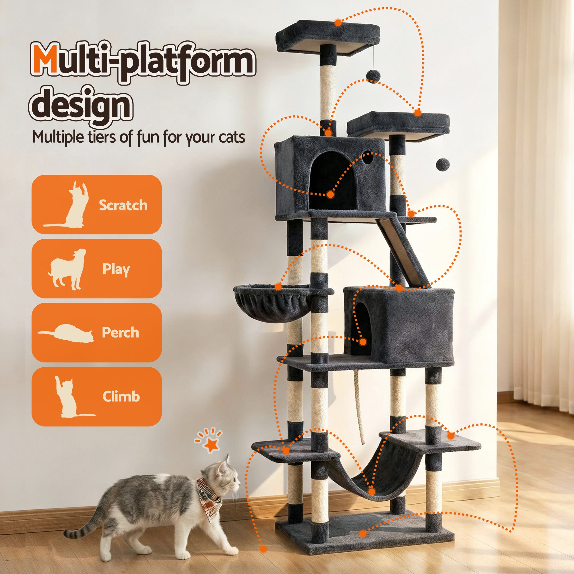 Cat Scratchers: i.Pet Cat Tree Tower 206cm Large Scratching Post Furniture Scratcher House Grey