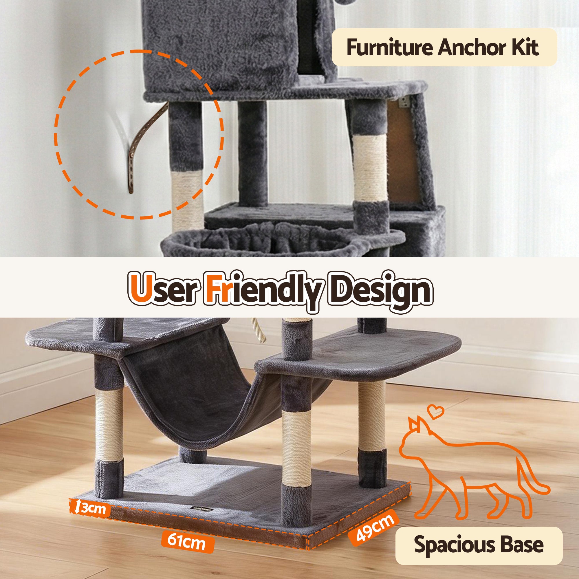 Cat Scratchers: i.Pet Cat Tree Tower 206cm Large Scratching Post Furniture Scratcher House Grey