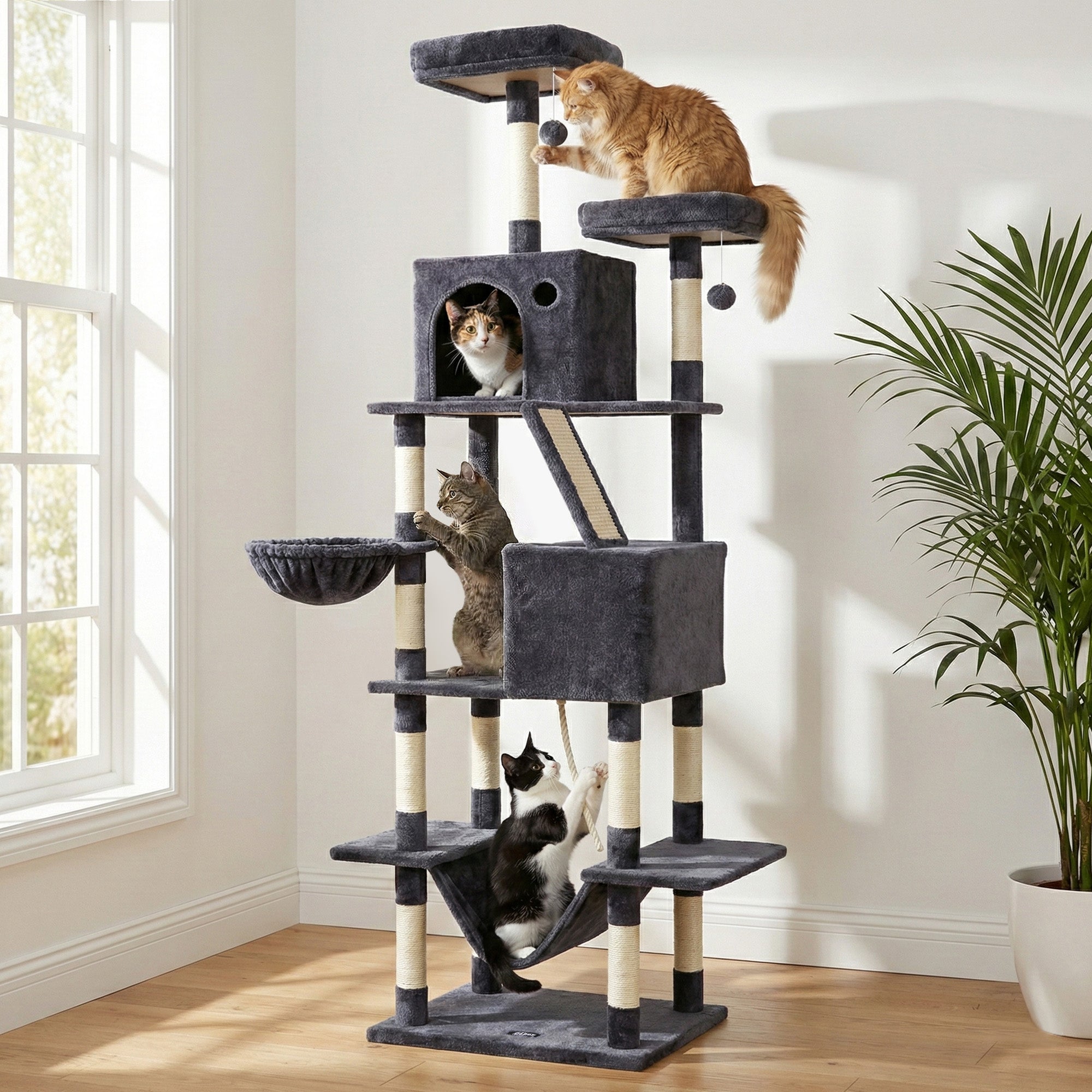 Cat Scratchers: i.Pet Cat Tree Tower 206cm Large Scratching Post Furniture Scratcher House Grey