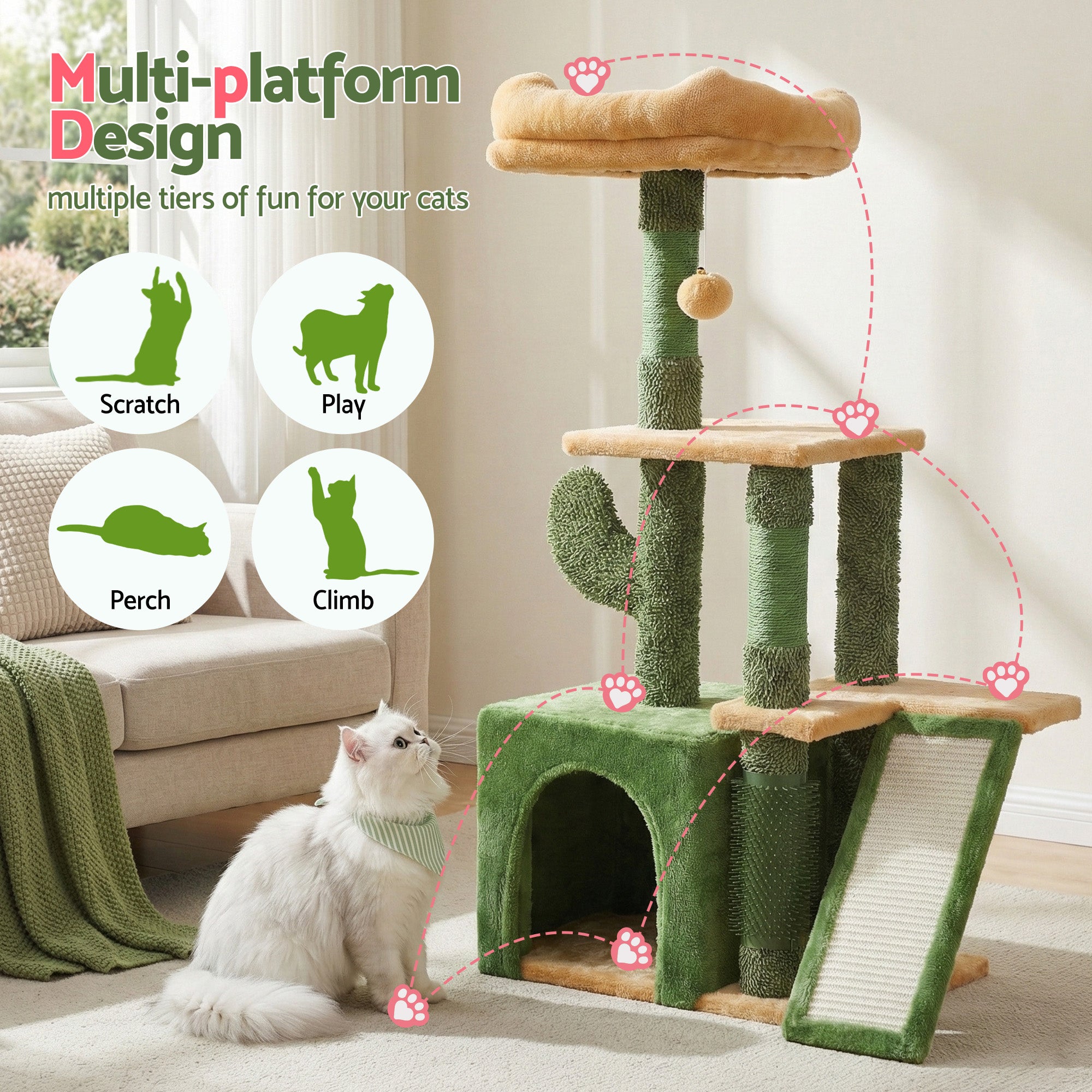 Cat Scratching Posts: i.Pet Cat Tree Tower 101cm Scratching Post Furniture Scratcher House Green