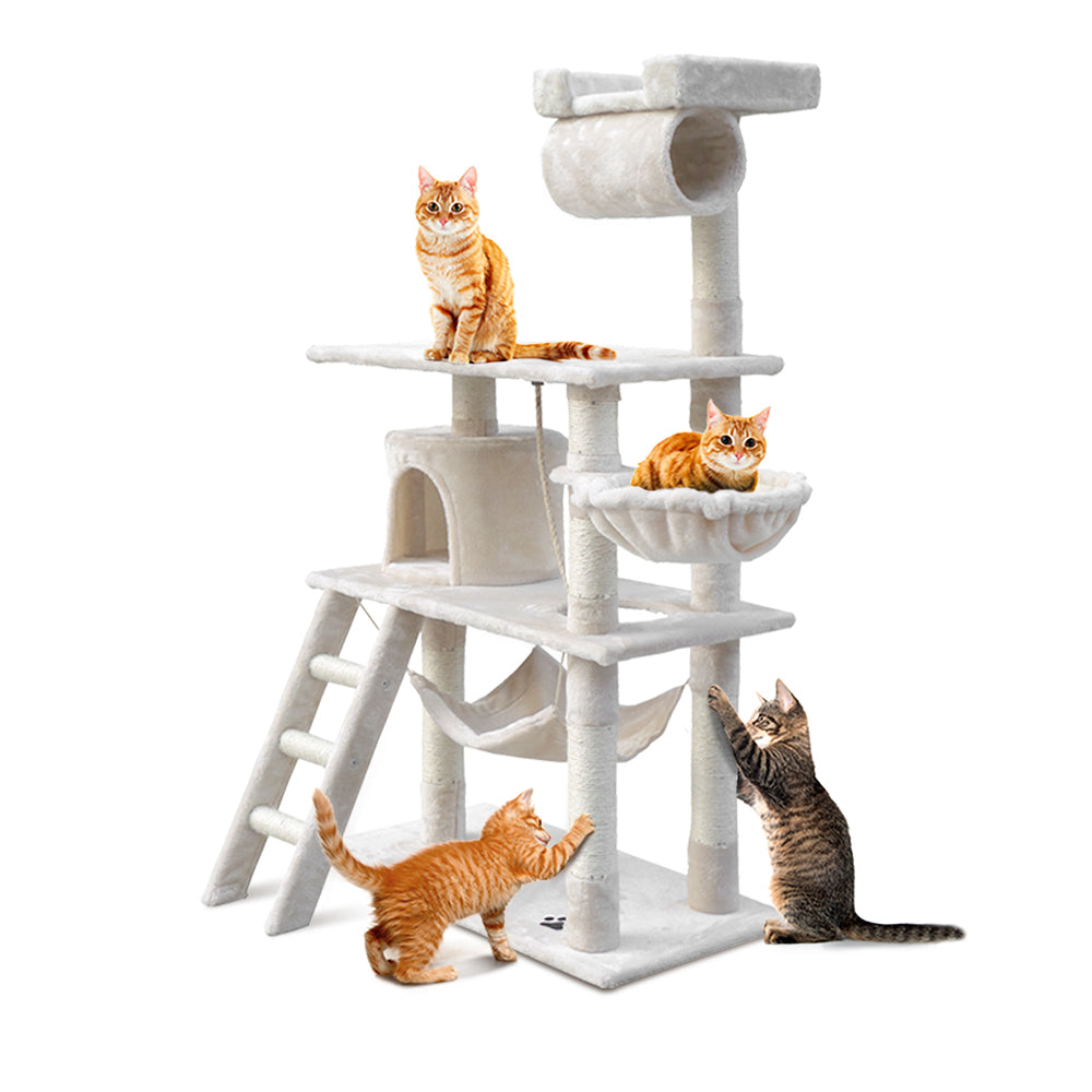 Cat Scratching Posts: i.Pet Cat Tree 141cm Tower Scratching Post Scratcher Condo Wood House Bed Beige