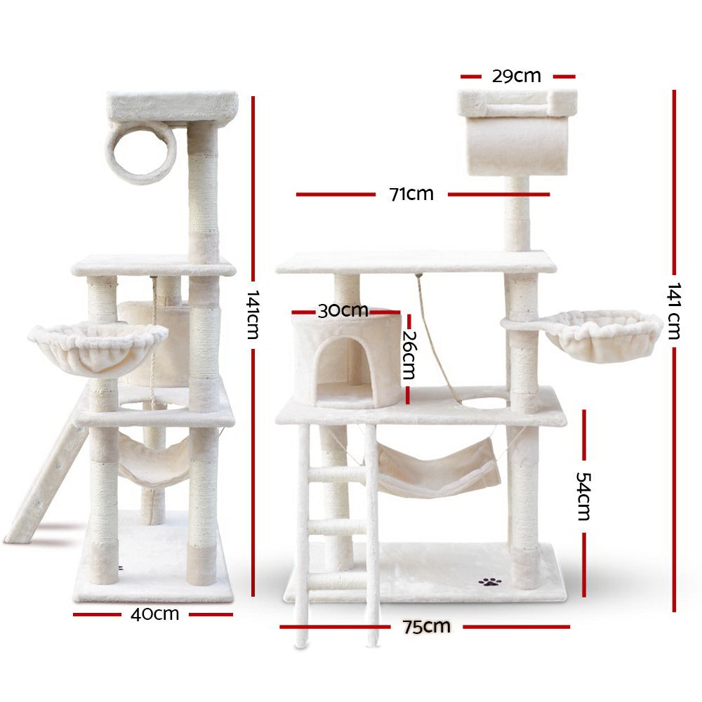 Cat Scratching Posts: i.Pet Cat Tree 141cm Tower Scratching Post Scratcher Condo Wood House Bed Beige