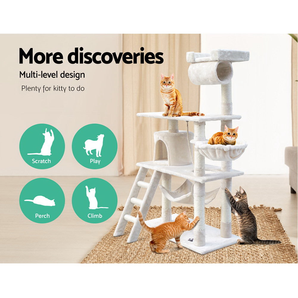 Cat Scratching Posts: i.Pet Cat Tree 141cm Tower Scratching Post Scratcher Condo Wood House Bed Beige