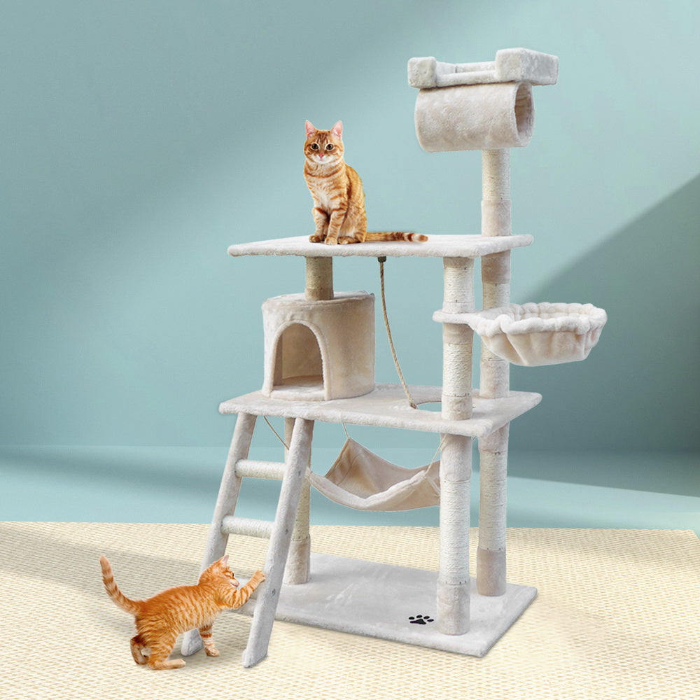 Cat Scratching Posts: i.Pet Cat Tree 141cm Tower Scratching Post Scratcher Condo Wood House Bed Beige