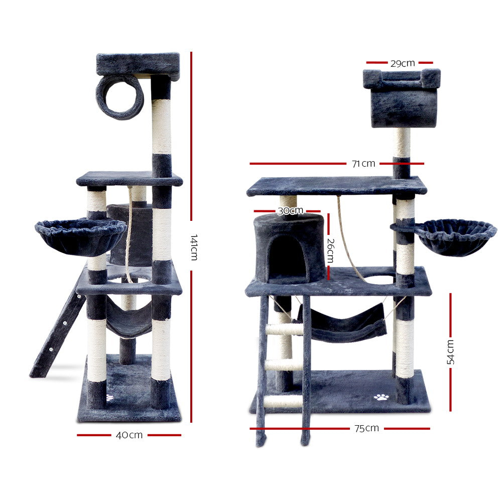 Cat Scratching Posts: i.Pet Cat Tree 141cm Tower Scratching Post Scratcher Condo Wood House Bed Grey