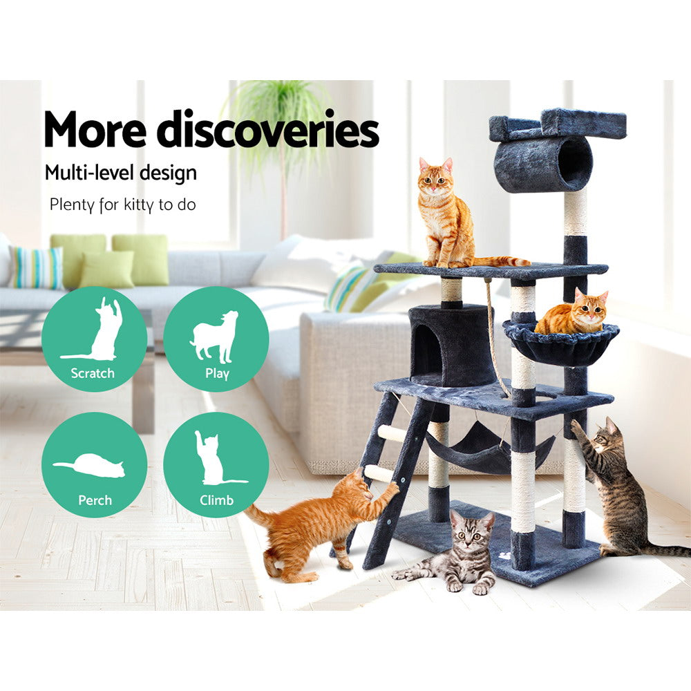 Cat Scratching Posts: i.Pet Cat Tree 141cm Tower Scratching Post Scratcher Condo Wood House Bed Grey