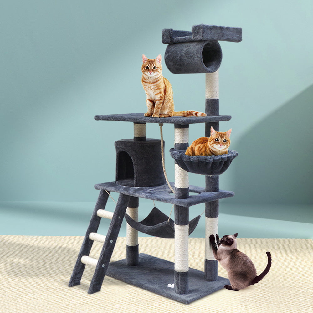 Cat Scratching Posts: i.Pet Cat Tree 141cm Tower Scratching Post Scratcher Condo Wood House Bed Grey