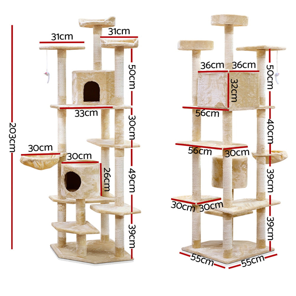 Cat Scratching Posts: i.Pet Cat Tree 203cm Tower Scratching Post Scratcher Condo Trees House Bed Beige