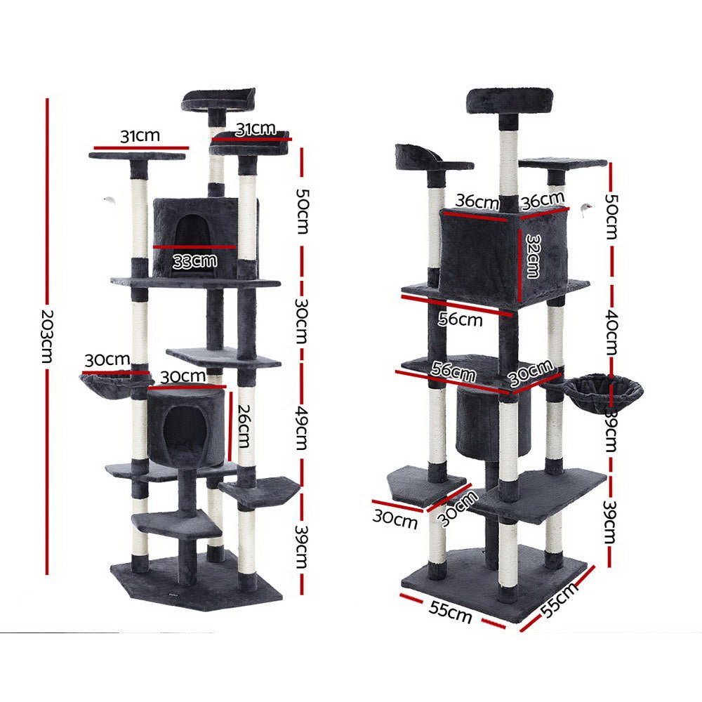 Cat Scratching Posts: i.Pet Cat Tree 203cm Tower Scratching Post Scratcher Condo Trees House Bed Grey