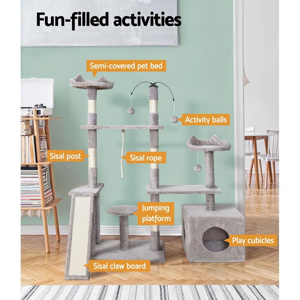 Cat Scratching Posts: i.Pet Cat Tree 135cm Tower Scratching Post Scratcher Wood Condo House Toys Grey