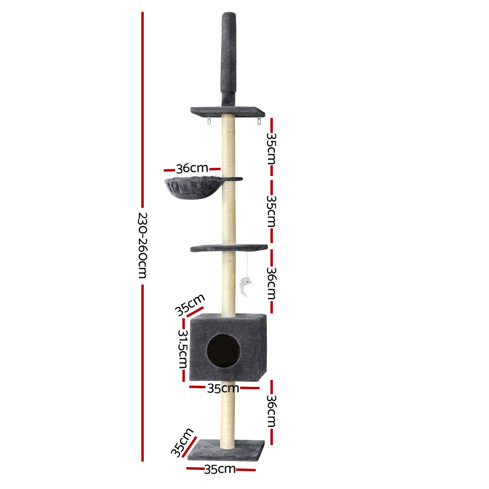 Cat Scratching Posts: i.Pet Cat Tree 260cm Tower Scratching Post Scratcher Floor to Ceiling Cats Bed Dark Grey