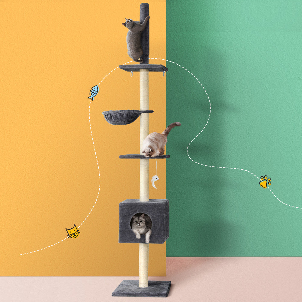 Cat Scratching Posts: i.Pet Cat Tree 260cm Tower Scratching Post Scratcher Floor to Ceiling Cats Bed Dark Grey