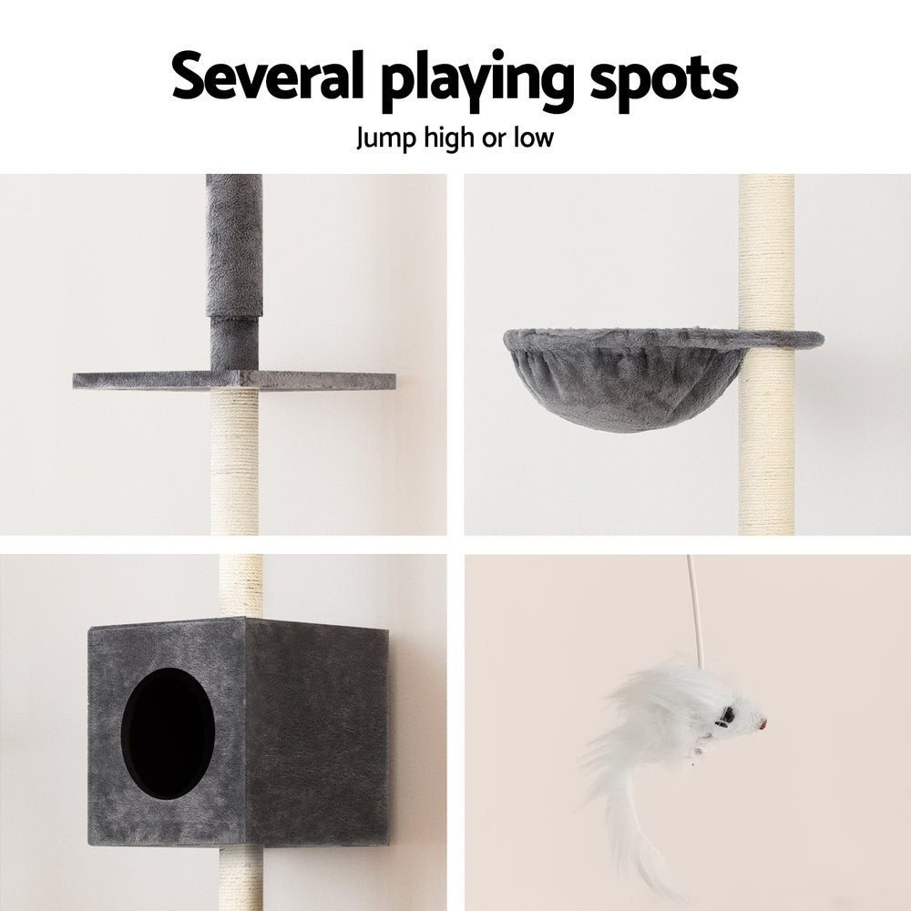 Cat Scratching Posts: i.Pet Cat Tree 260cm Tower Scratching Post Scratcher Floor to Ceiling Cats Bed Dark Grey