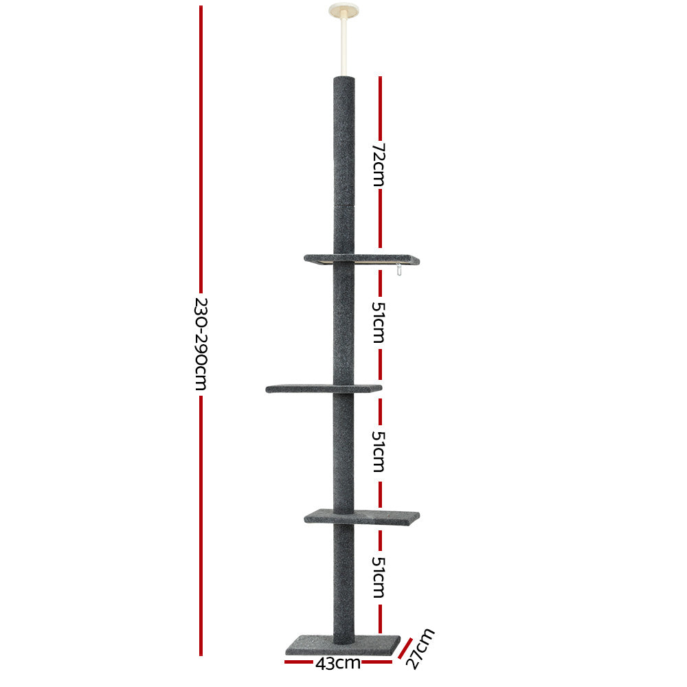 Cat Scratching Posts: i.Pet Cat Tree 290cm Tower Scratching Post Scratcher Floor to Ceiling Cats Bed Grey