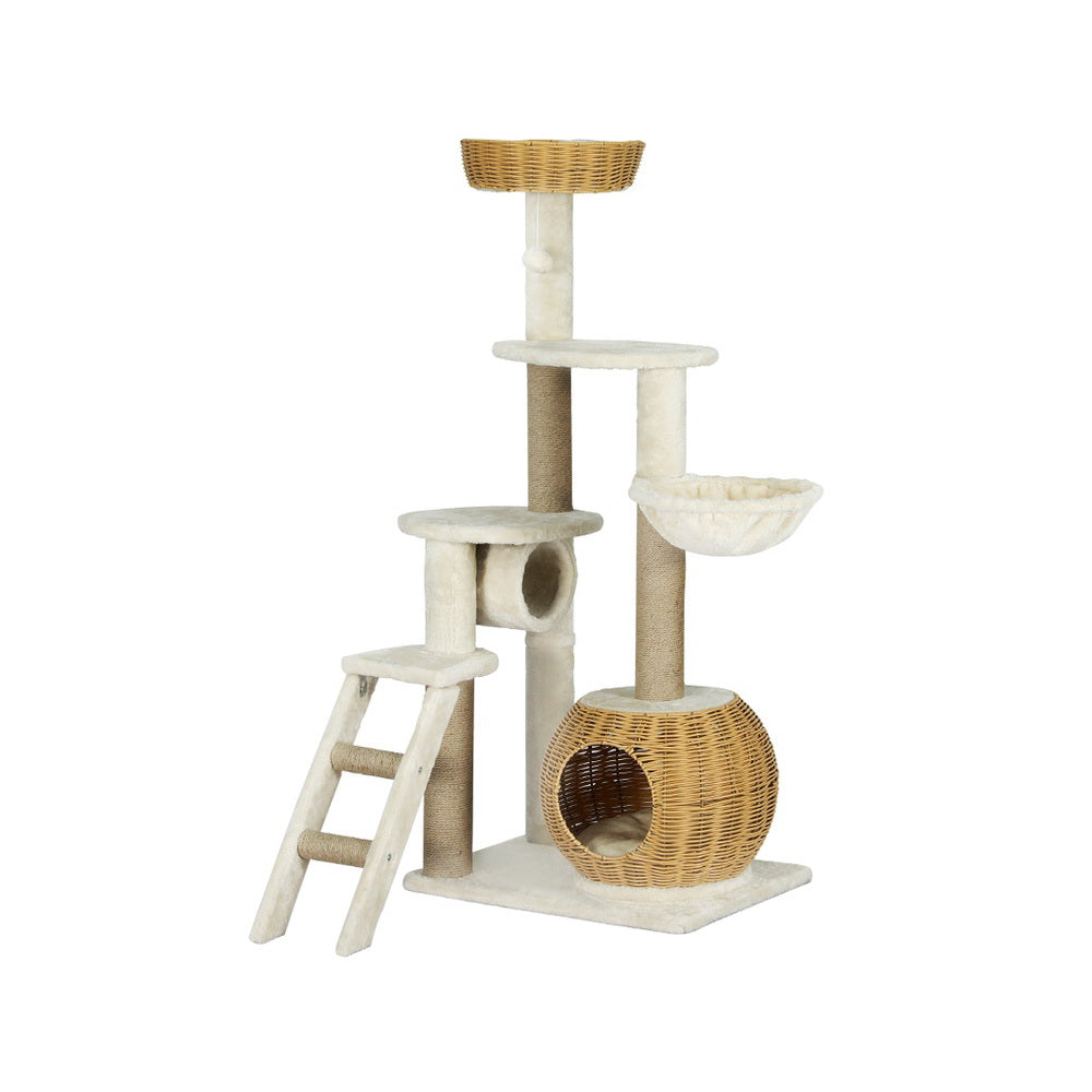Cat Scratching Posts: i.Pet Cat Tree 138cm Tower Scratching Post Scratcher Wood Bed Condo House Rattan Ladder