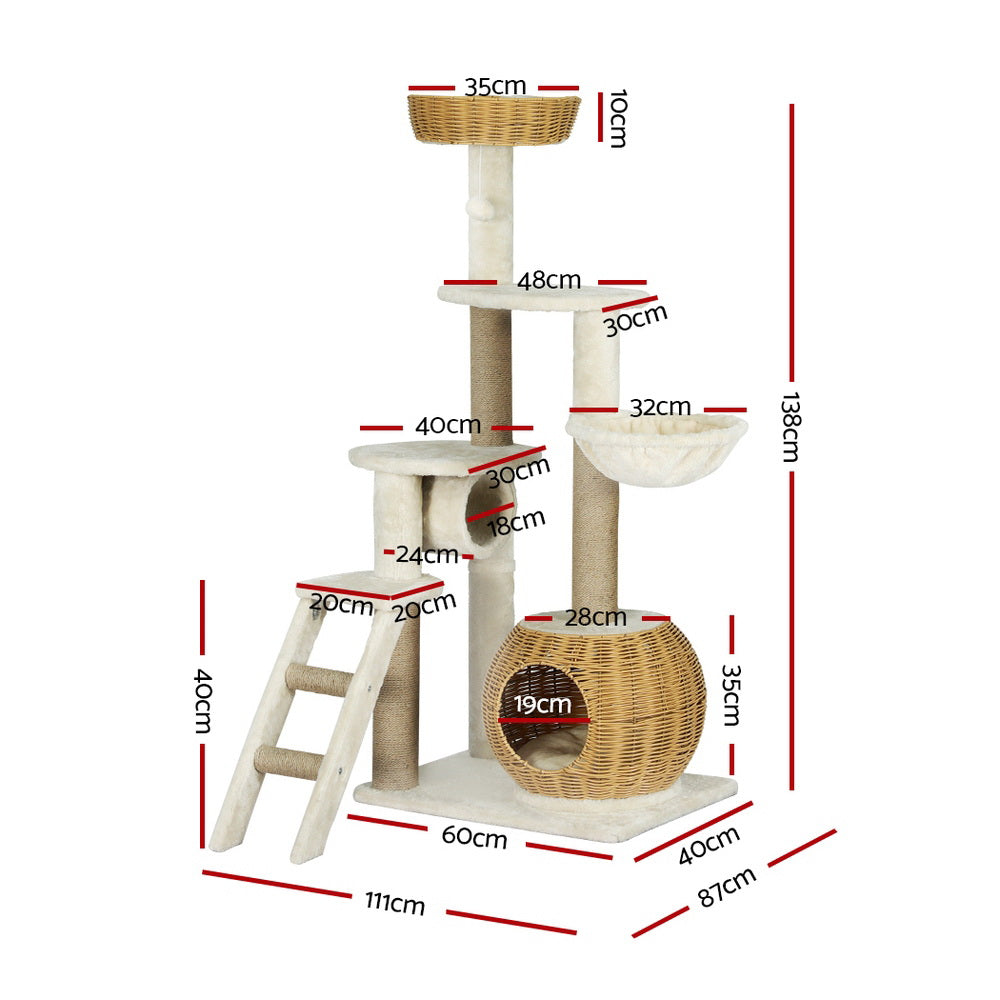 Cat Scratching Posts: i.Pet Cat Tree 138cm Tower Scratching Post Scratcher Wood Bed Condo House Rattan Ladder