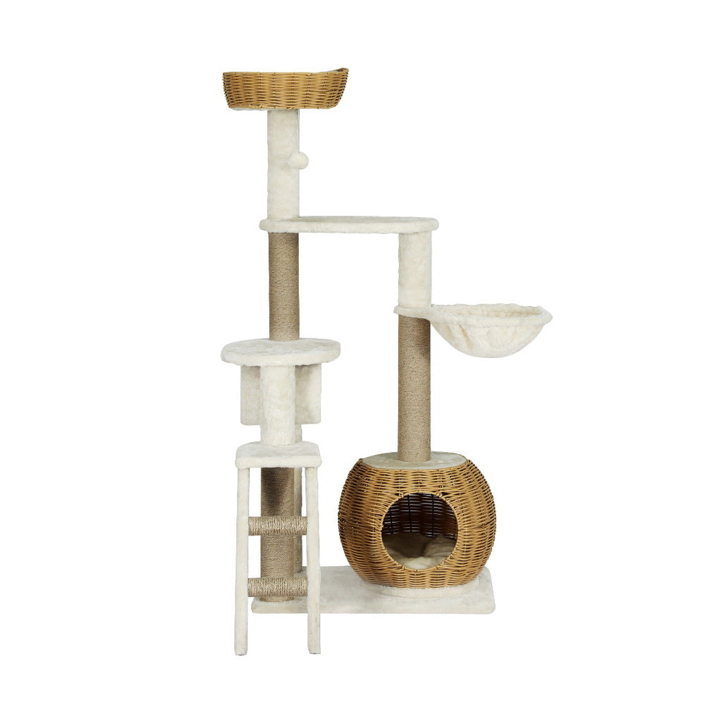 Cat Scratching Posts: i.Pet Cat Tree 138cm Tower Scratching Post Scratcher Wood Bed Condo House Rattan Ladder