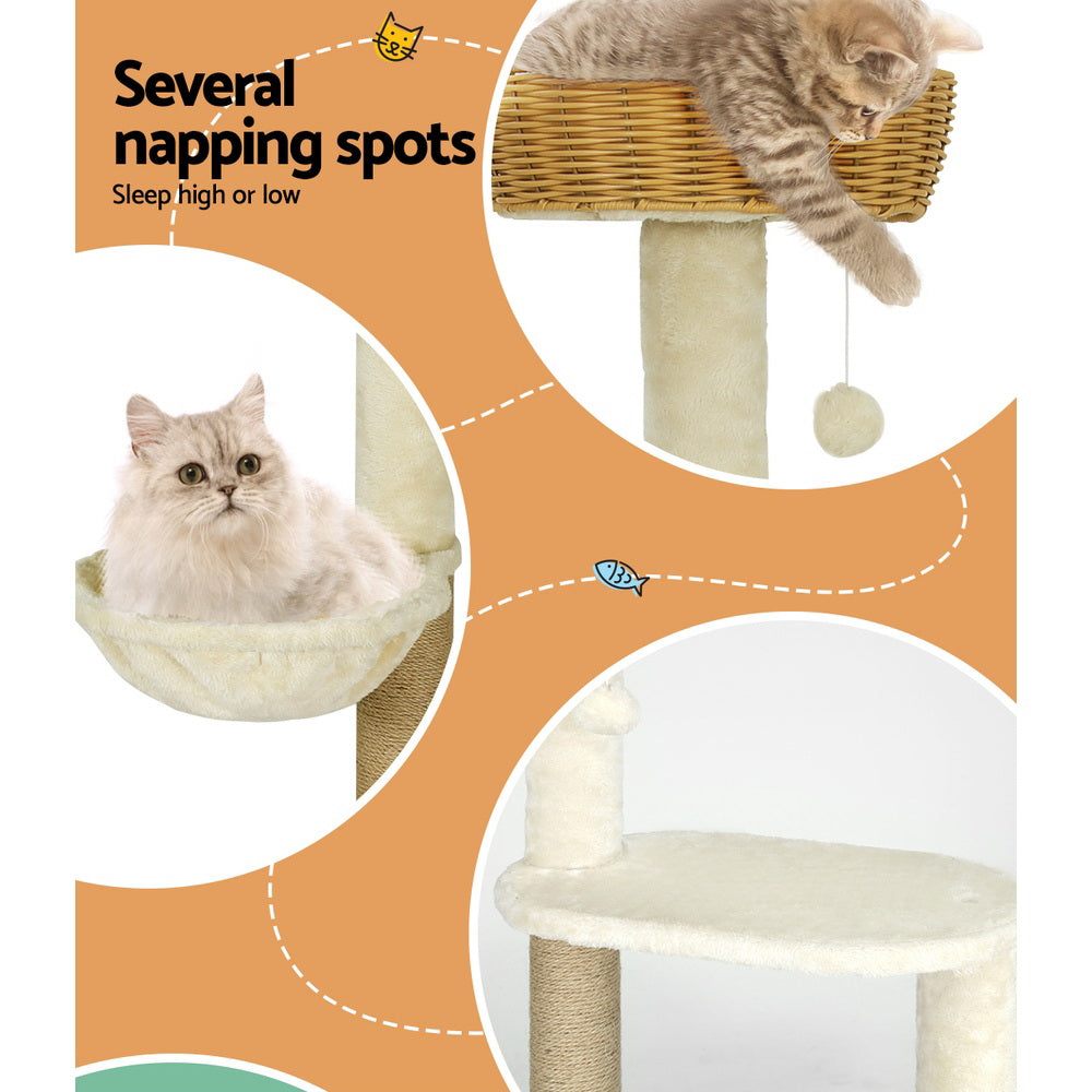 Cat Scratching Posts: i.Pet Cat Tree 138cm Tower Scratching Post Scratcher Wood Bed Condo House Rattan Ladder