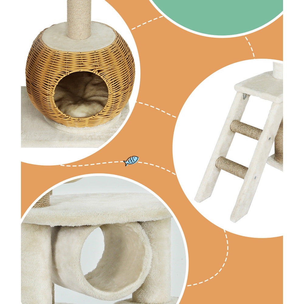 Cat Scratching Posts: i.Pet Cat Tree 138cm Tower Scratching Post Scratcher Wood Bed Condo House Rattan Ladder