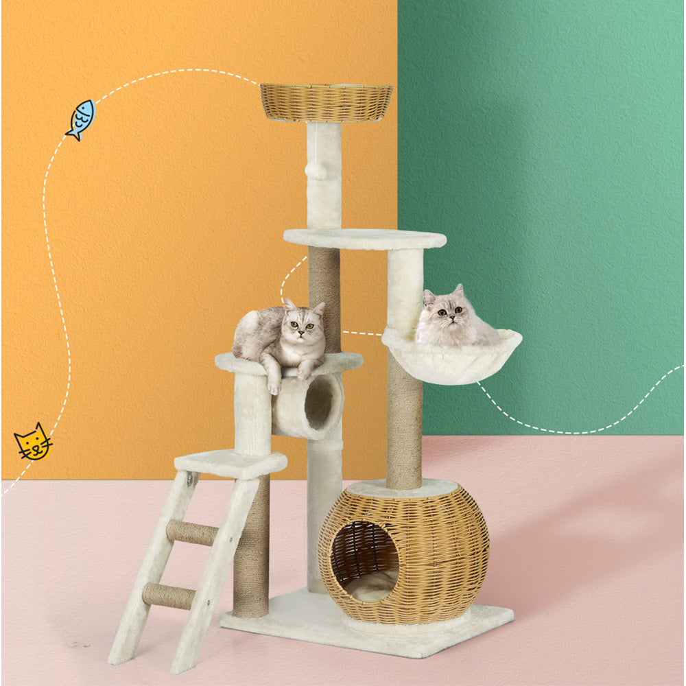 Cat Scratching Posts: i.Pet Cat Tree 138cm Tower Scratching Post Scratcher Wood Bed Condo House Rattan Ladder