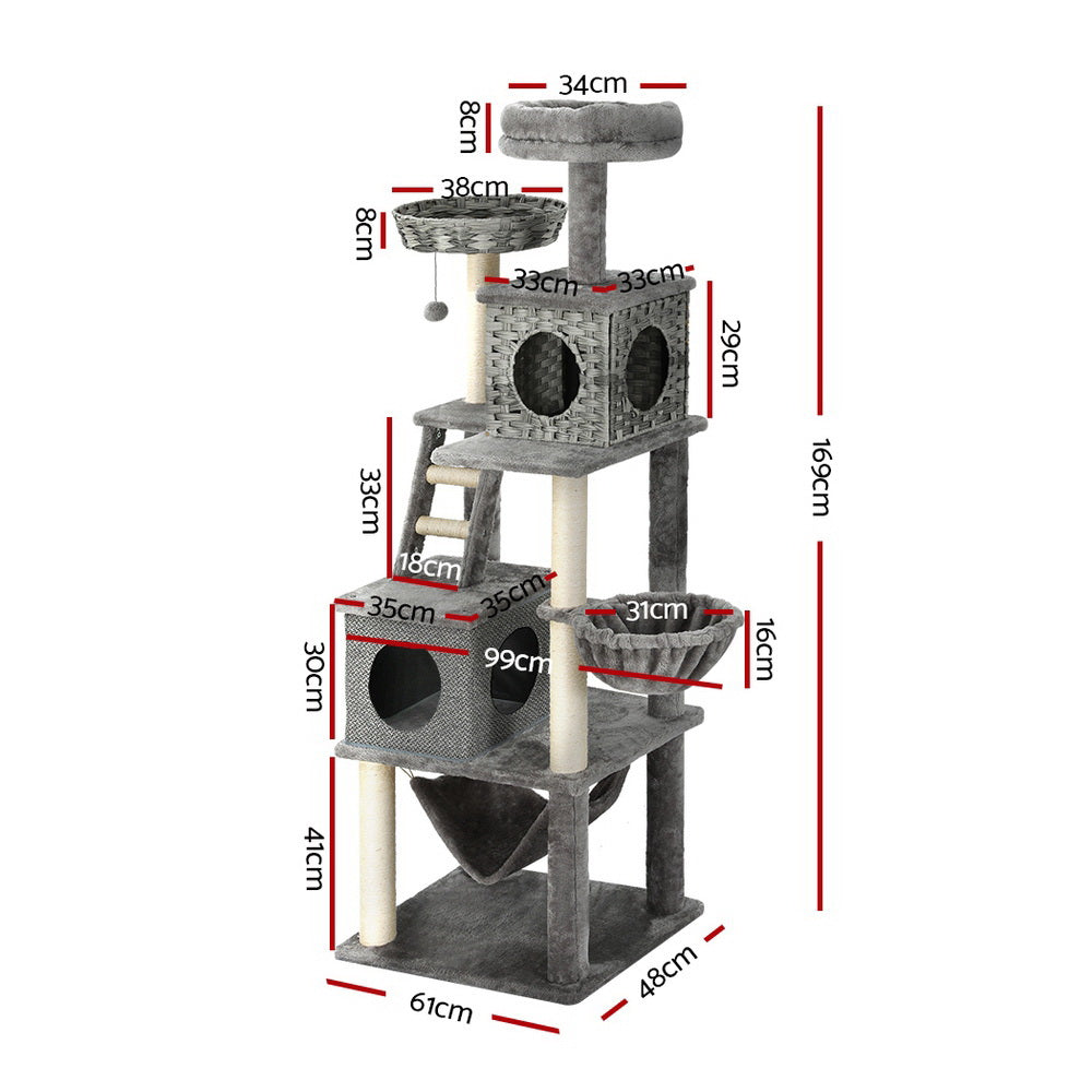 Cat Scratching Posts: i.Pet Cat Tree 169cm Tower Scratching Post Scratcher Wood Bed Condo House Rattan Ladder
