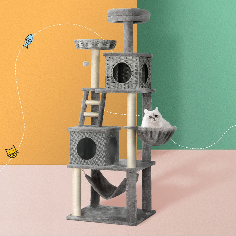 Cat Scratching Posts: i.Pet Cat Tree 169cm Tower Scratching Post Scratcher Wood Bed Condo House Rattan Ladder