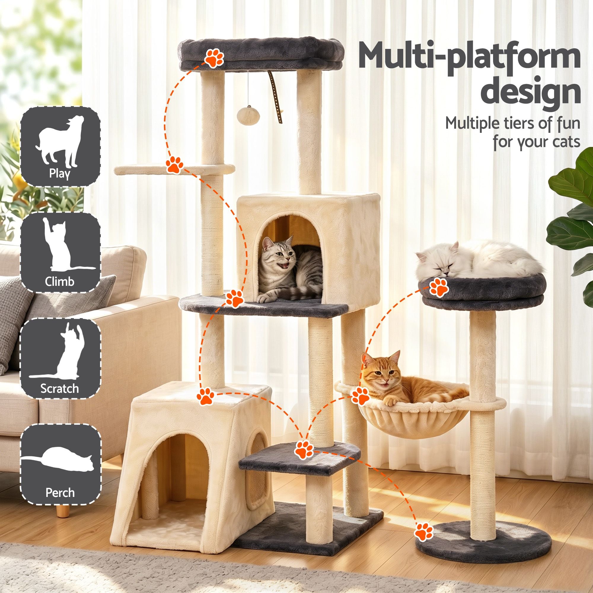 i.Pet Cat Tree Tower 133cm Rotatable L-Shape Design Scratching Post Furniture Scratcher House Grey & Beige
