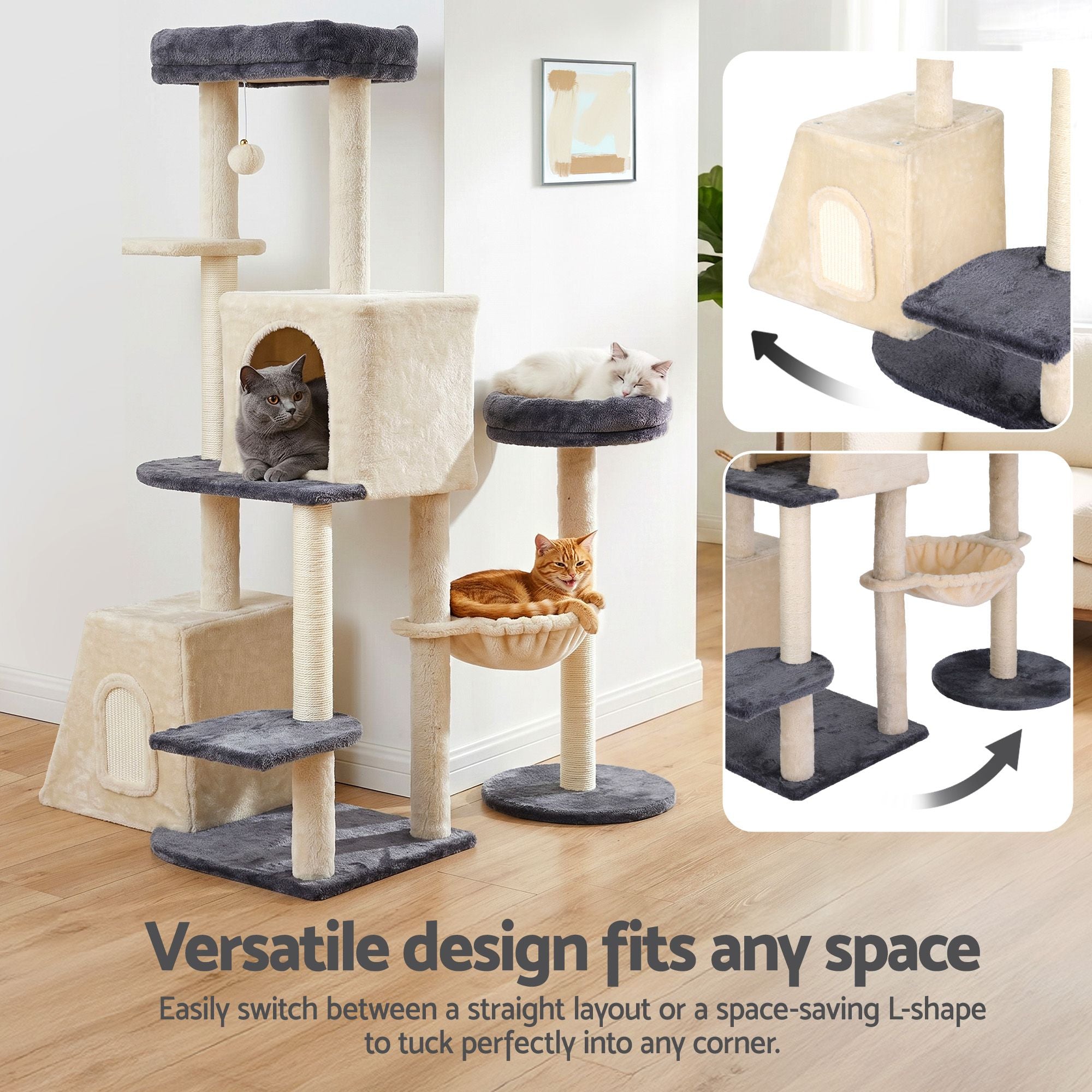i.Pet Cat Tree Tower 133cm Rotatable L-Shape Design Scratching Post Furniture Scratcher House Grey & Beige