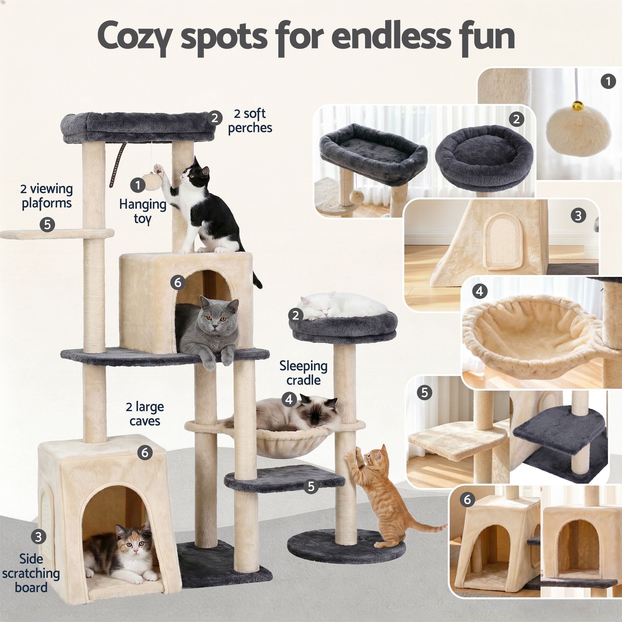 i.Pet Cat Tree Tower 133cm Rotatable L-Shape Design Scratching Post Furniture Scratcher House Grey & Beige