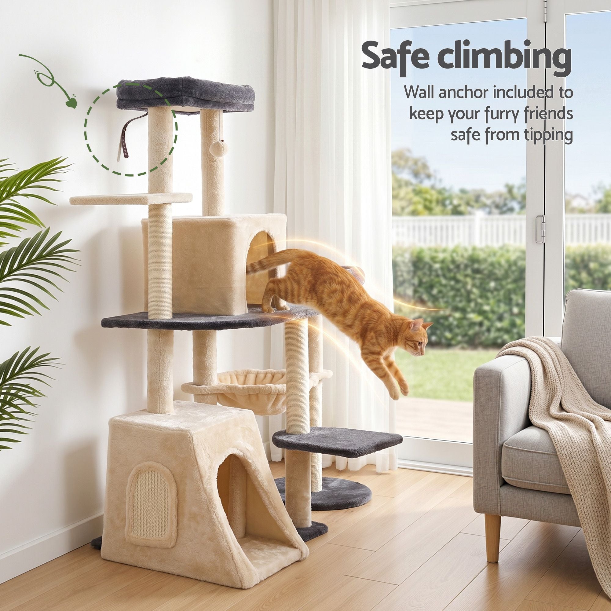 i.Pet Cat Tree Tower 133cm Rotatable L-Shape Design Scratching Post Furniture Scratcher House Grey & Beige