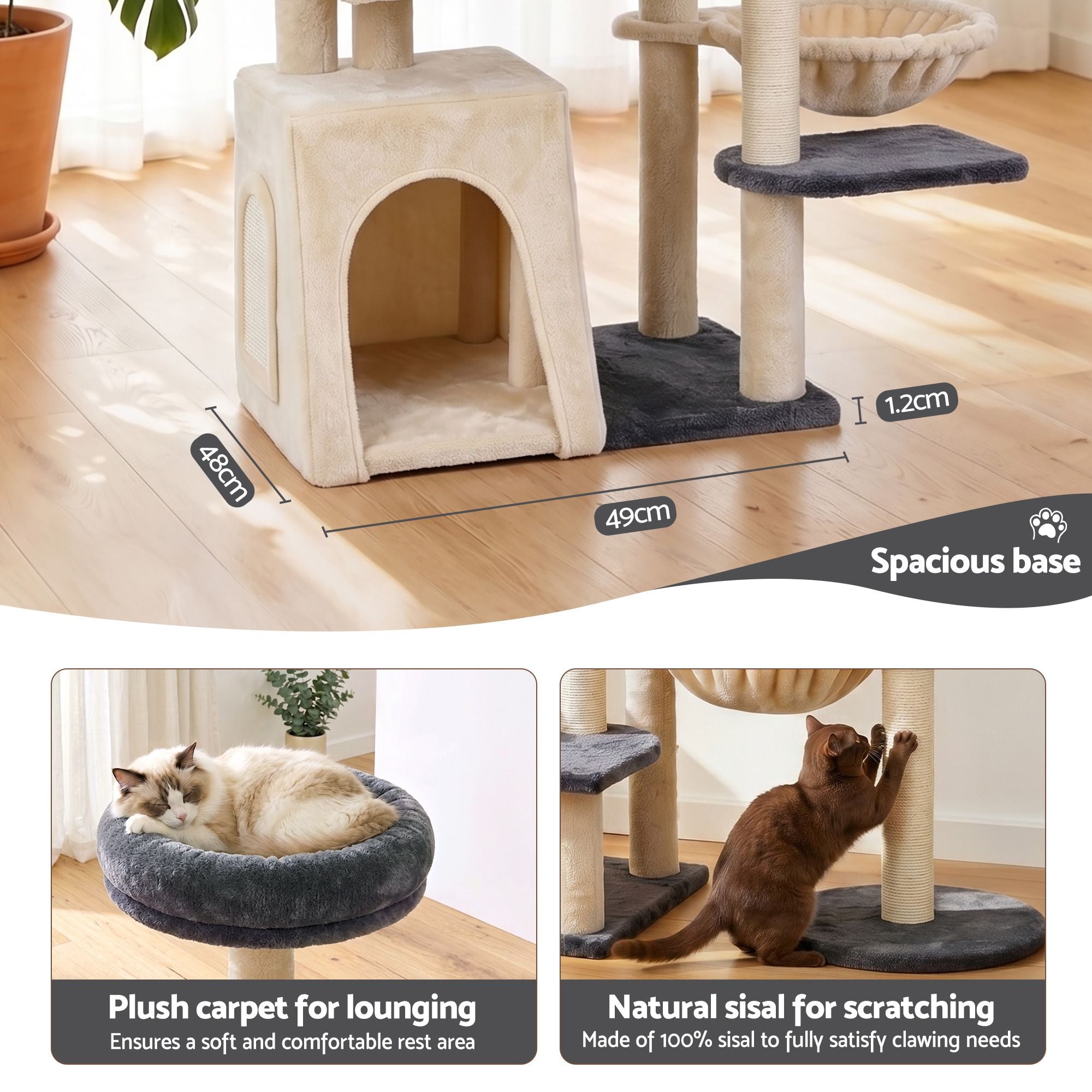 i.Pet Cat Tree Tower 133cm Rotatable L-Shape Design Scratching Post Furniture Scratcher House Grey & Beige