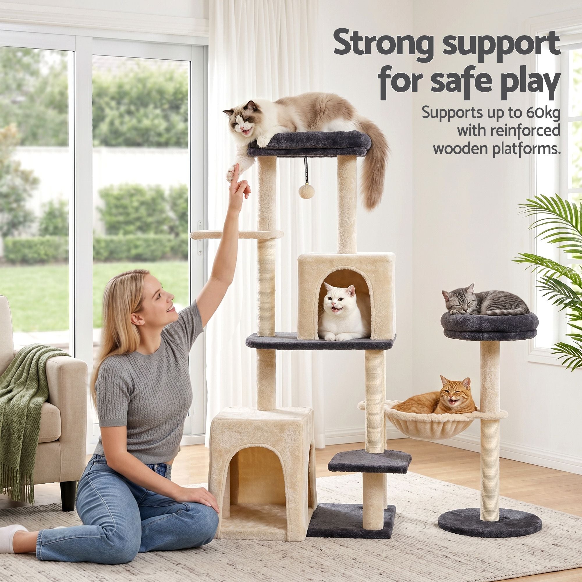 i.Pet Cat Tree Tower 133cm Rotatable L-Shape Design Scratching Post Furniture Scratcher House Grey & Beige