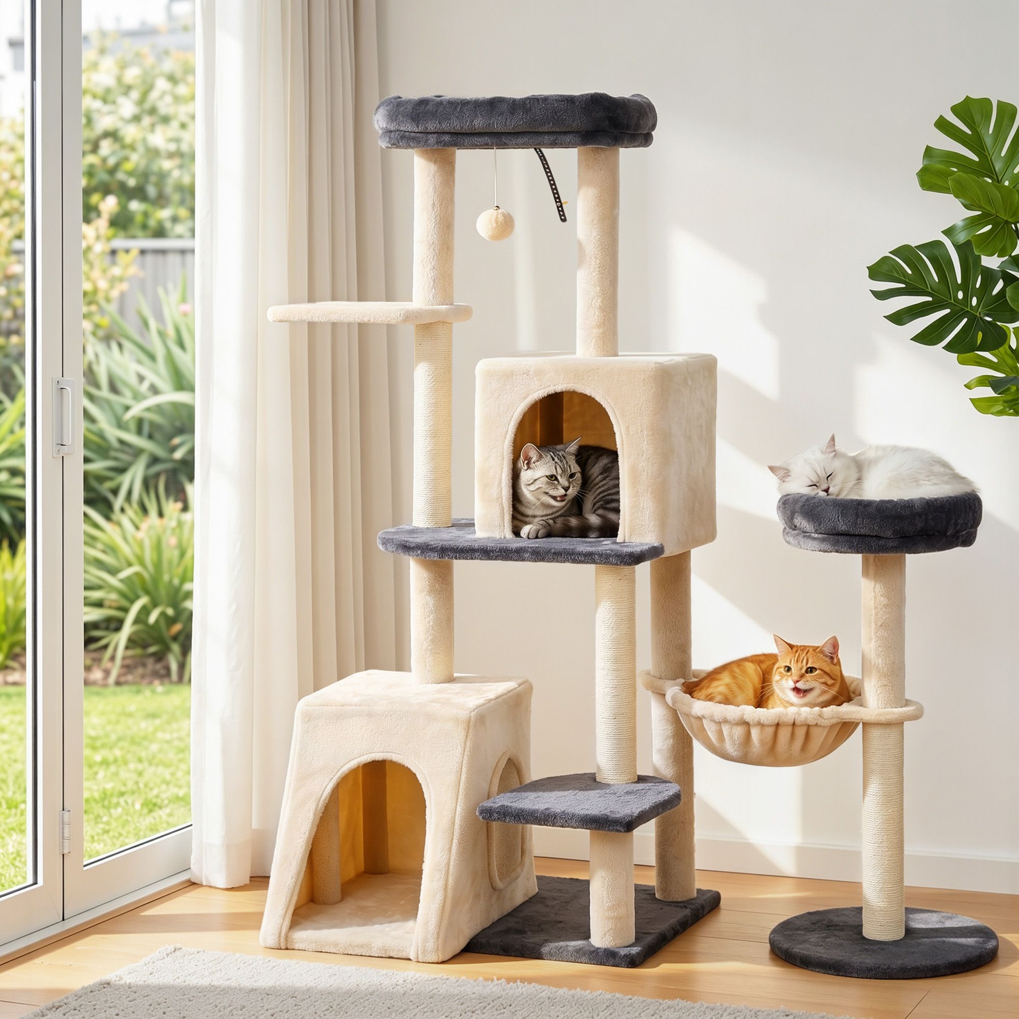 i.Pet Cat Tree Tower 133cm Rotatable L-Shape Design Scratching Post Furniture Scratcher House Grey & Beige