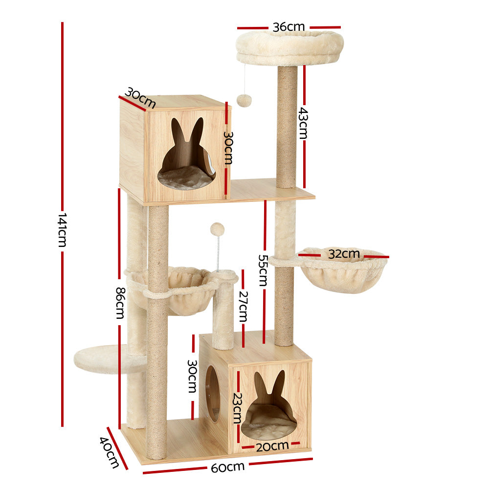 Cat Scratching Posts: i.Pet Cat Tree 141cm Tower Scratching Post Scratcher Wood Bed Condo Toys House Ladder