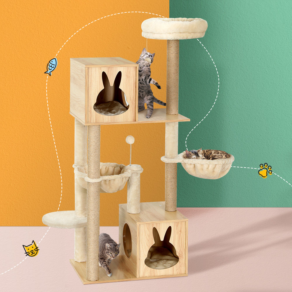 Cat Scratching Posts: i.Pet Cat Tree 141cm Tower Scratching Post Scratcher Wood Bed Condo Toys House Ladder