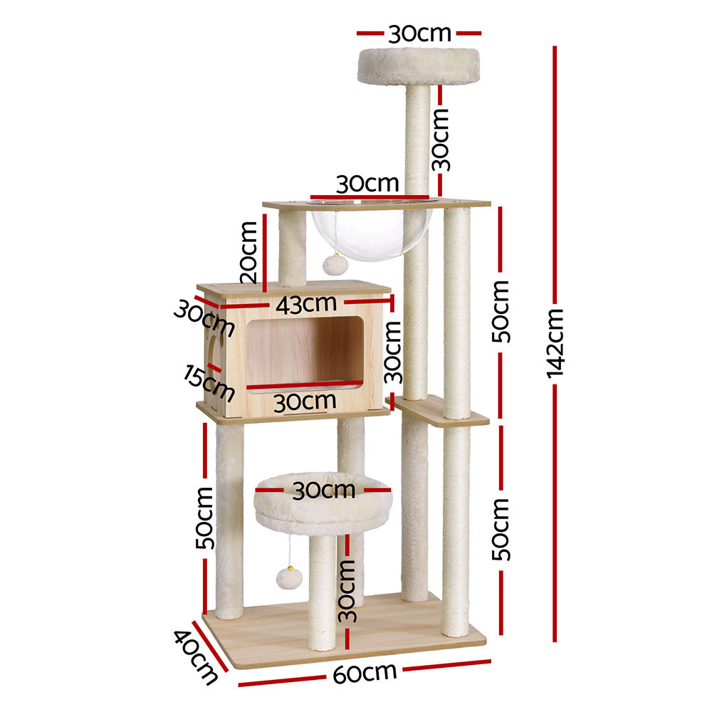 Cat Furniture: i.Pet Cat Tree Tower Scratching Post Scratcher 142cm Wood Bed Condo House