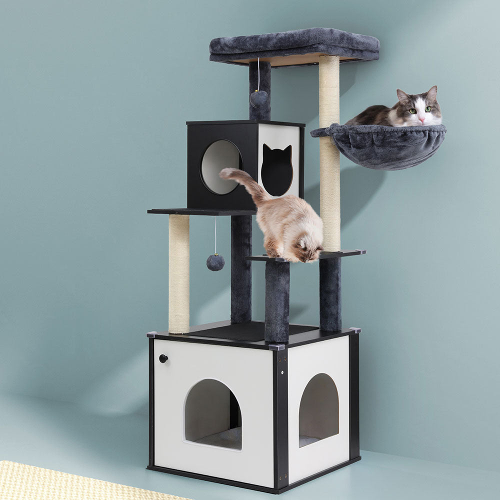 Cat Scratching Posts: i.Pet Cat Tree Tower Scratching Post Scratcher 144cm Wood Bed Condo House Cabinet