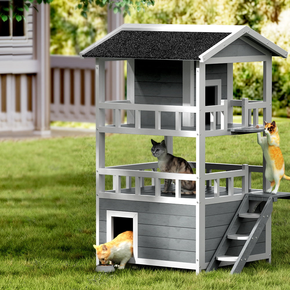 Small Animal Habitats & Cages: i.Pet Outdoor Cat House Shelter 72cm x 72cm x 127cm Rabbit Hutch Wooden Condo Small Outdoor Cat House