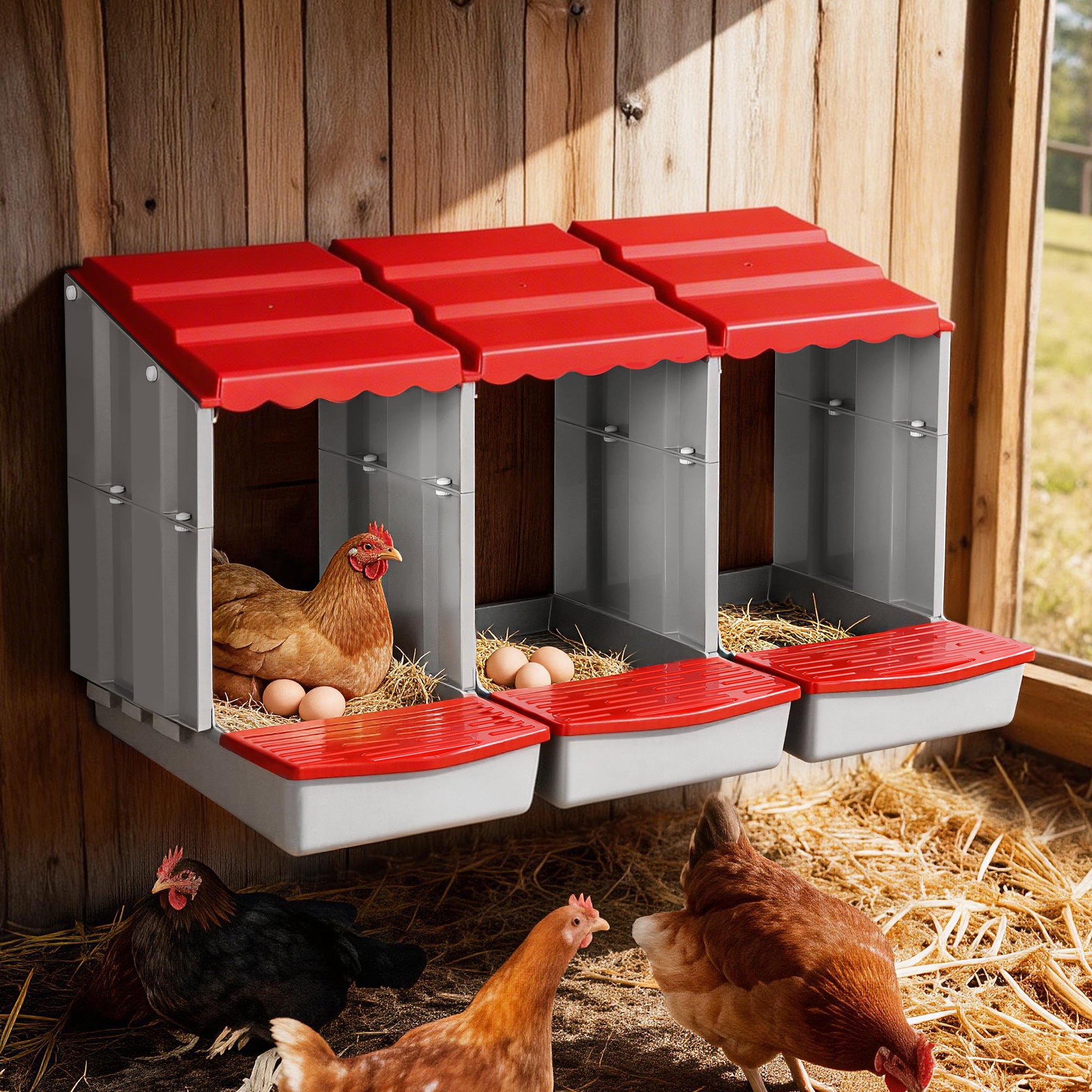 Reptile & Amphibian Habitats: i.Pet Chicken Nesting Box 3 Hole Roll Away Poultry Hen Laying Egg Hutch Red