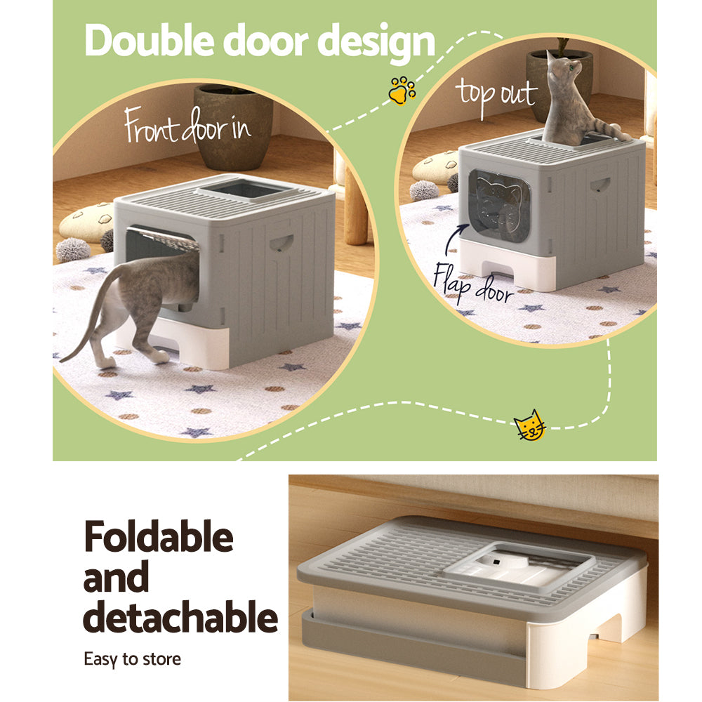 Cat Litter: i.Pet Cat Litter Box Large Tray Kitty Toilet Enclosed Hooded Foldable Cat Litter Box Scoop Grey