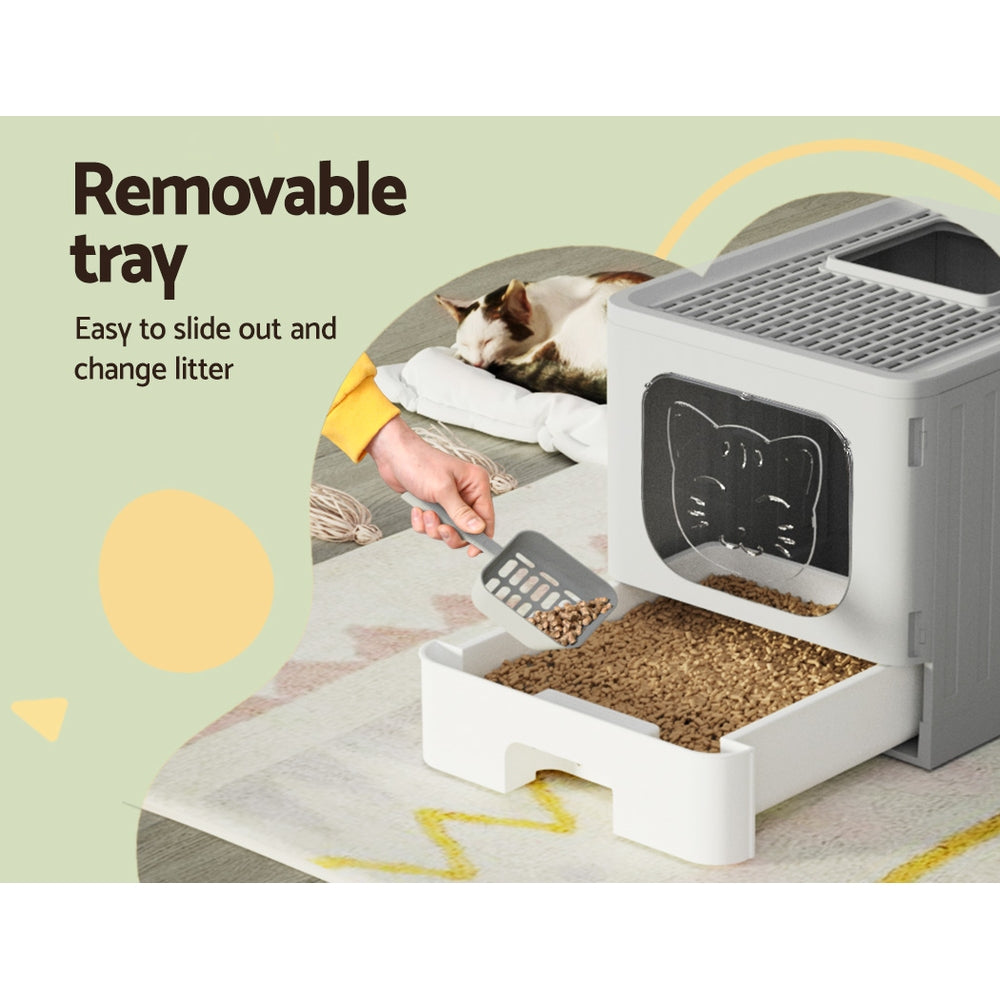 Cat Litter: i.Pet Cat Litter Box Large Tray Kitty Toilet Enclosed Hooded Foldable Cat Litter Box Scoop Grey