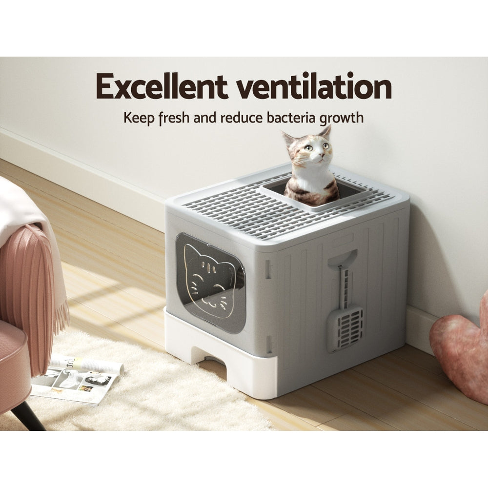 Cat Litter: i.Pet Cat Litter Box Large Tray Kitty Toilet Enclosed Hooded Foldable Cat Litter Box Scoop Grey
