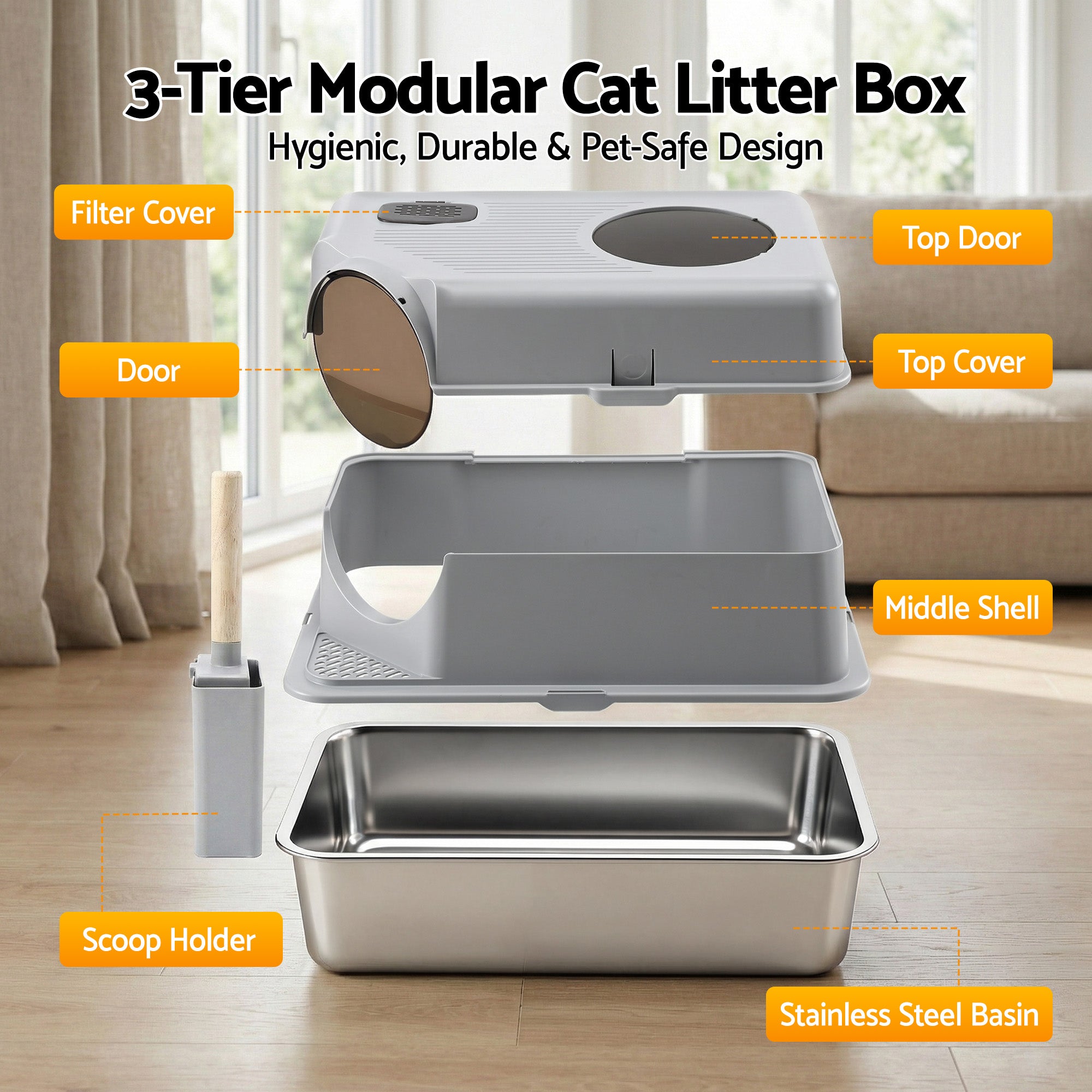 Cat Litter: i.Pet Cat Litter Box Large Stainless Steel High Sided Pet Toilet Odour Control