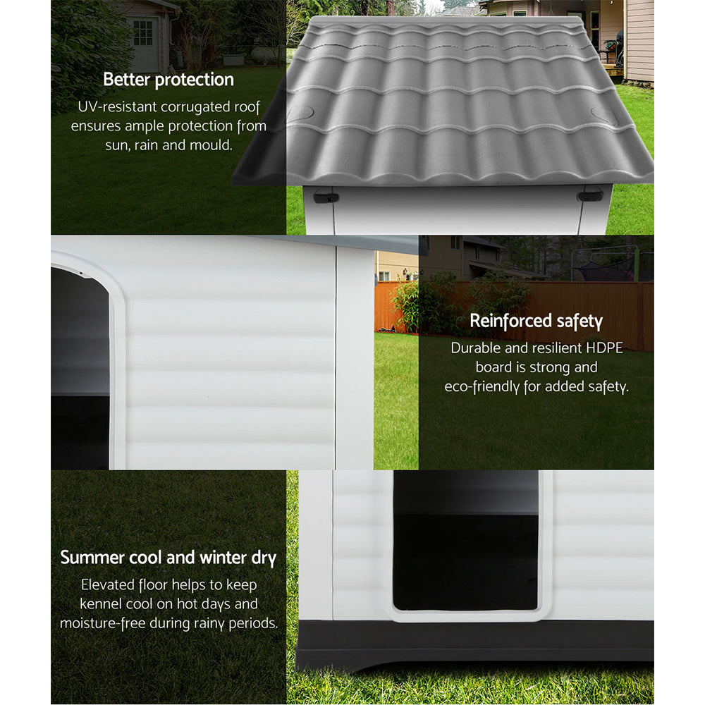 Dog Kennels: i.Pet Dog Kennel House Extra Large Outdoor Plastic Puppy Pet Cabin Shelter XL Grey