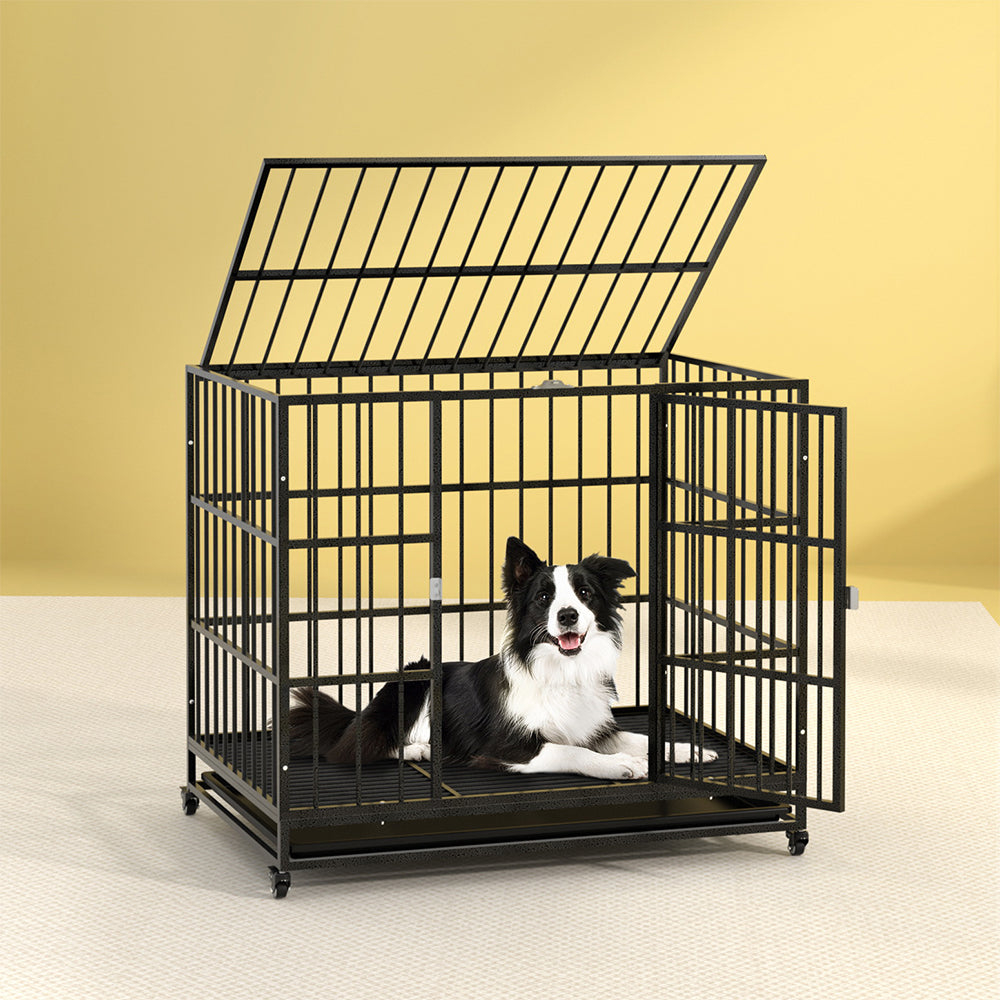 Small Animal Habitats & Cages: i.Pet Dog Cage Crate Large Puppy Cat Anti-Bite Pet Kennel Wheels w/Tray Metal